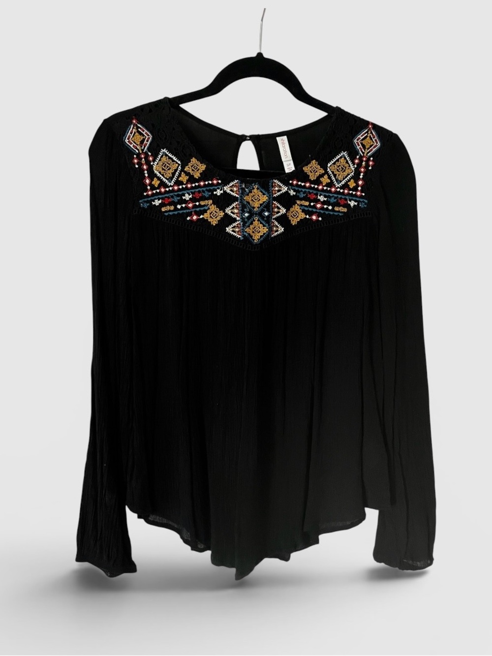 Xhiliration Black Embroidered Gauzy Long-Sleeve Women’s Top - Boho Detail Small